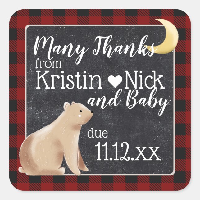 Bearly Wait Thank You Favor Sticker Buffalo Plaid (Front)