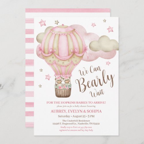 Bearly Wait Twin Girl Baby Shower Invitation