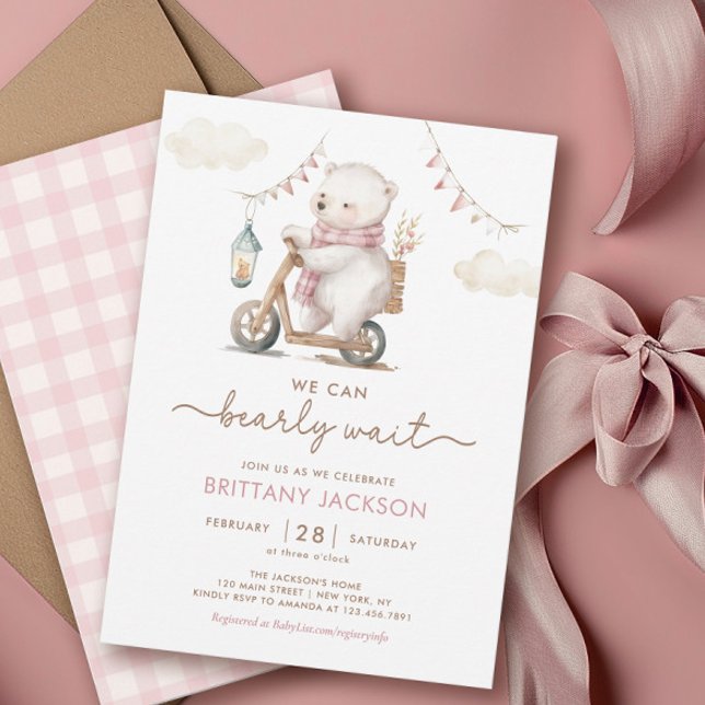 Bearly Wait White Teddy Bear Girl Baby Shower Invitation (Creator Uploaded)
