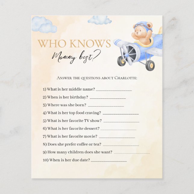 Bearly Wait Who Knows Mommy Baby Shower Game Card (Front)