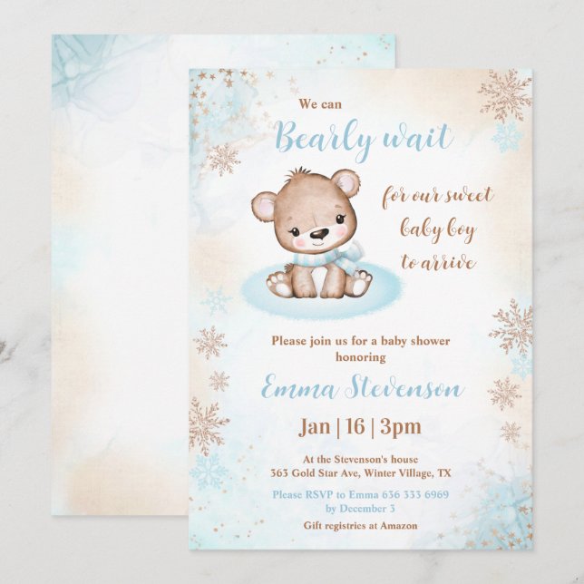 Bearly Wait Winter Bear Blue Gold Boy Baby Shower Invitation (Front/Back)