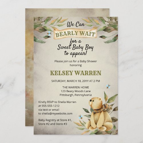 Bearly Wait Woodland Teddy Bear Boy Baby Shower Invitation