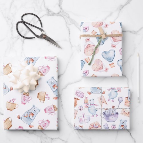 Bears and Hearts Whimsical Pastel Watercolor Wrapping Paper Sheets