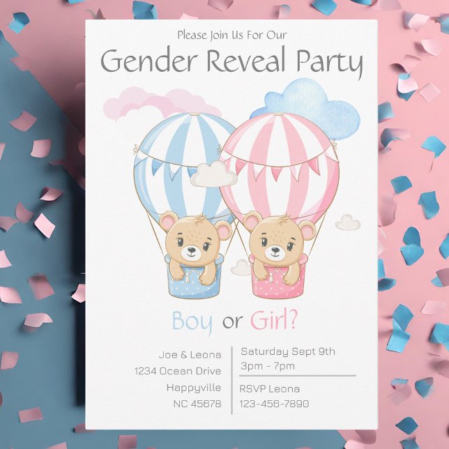 Bears & Balloons Gender Reveal Party Invitation (Bears and Balloons Gender Reveal Party Invitation. Pink and Blue.)