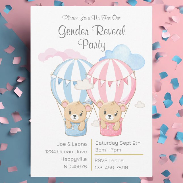 Bears & Balloons Gender Reveal Party Invitation (Bear & Balloons pink and blue gender reveal party invitation)
