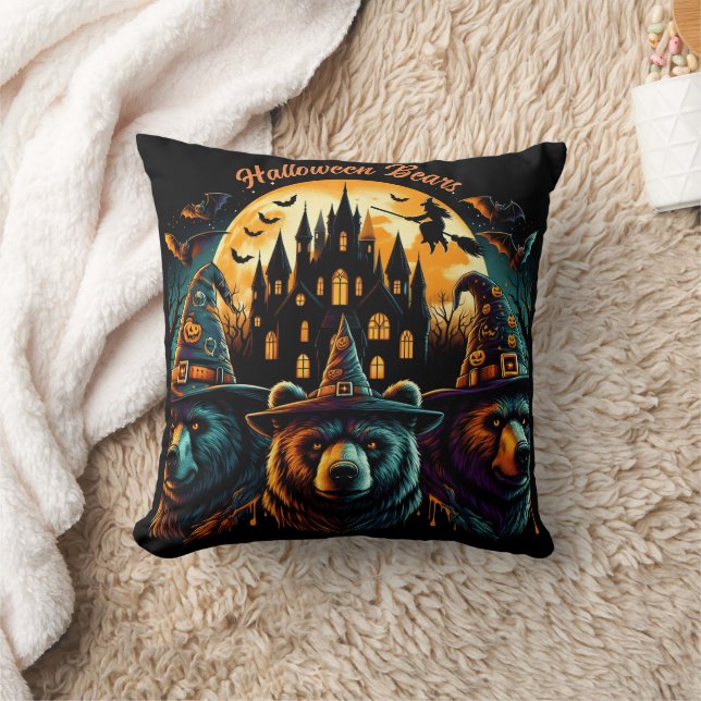 Bears celebrate Halloween under a spooky sky Throw Pillow (Blanket)