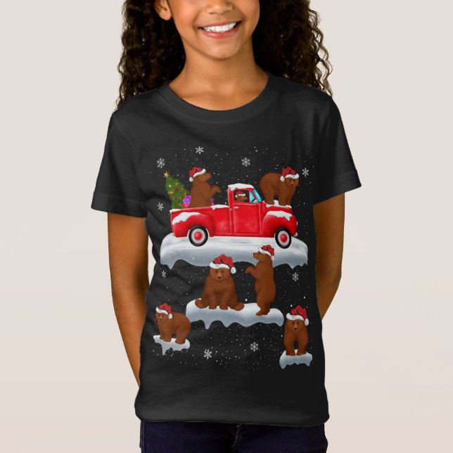 Bears Driving Christmas Tree Red Truck Bear Christ T-Shirt (Front)