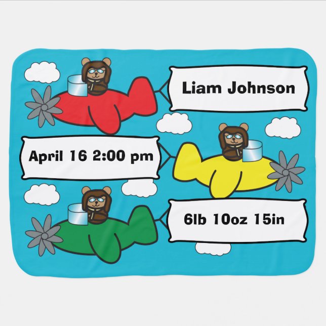 Bears Flying Planes Baby Blanket (Horizontal)