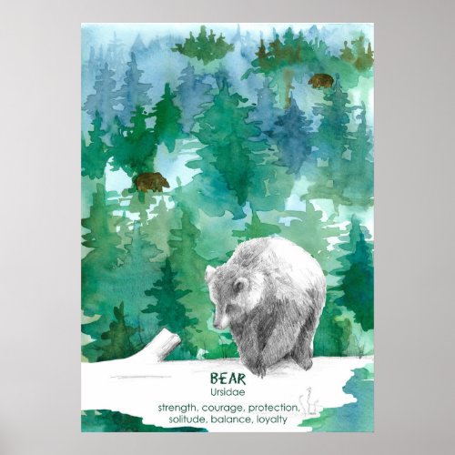 Bears Forest Strength Courage Watercolor Painting  Poster