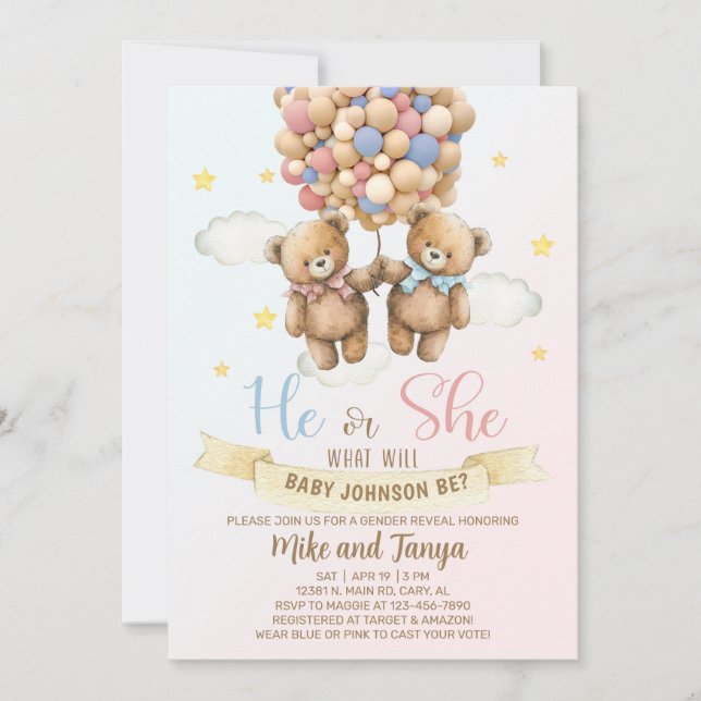 Bears gender reveal invite, pink blue balloons. invitation (Front)