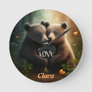 Bears in love hugging round clock