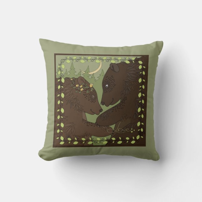 Bear's in Love! Sweet bears on green Throw Pillow (Front)