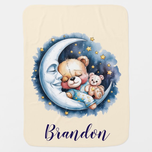 Bears in the Moonlight Boy Baby Shower Baby Blanket (Front)