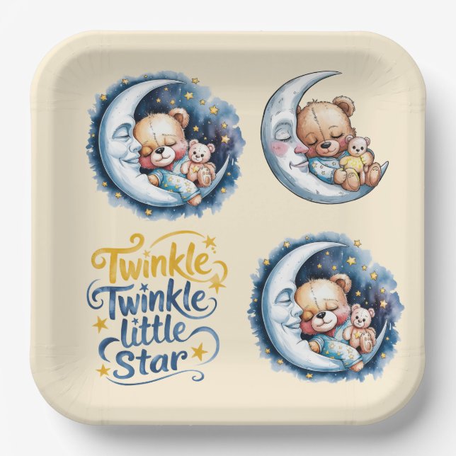 Bears in the Moonlight Boy Baby Shower Paper Plates (Front)