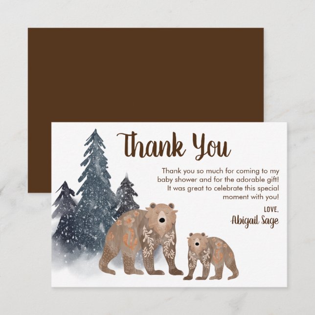 Bears in Winter Forest Scandi Neutral Baby Shower Thank You Card (Front/Back)