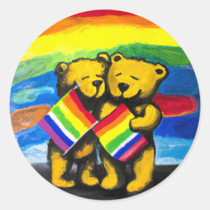 Bears Love Couple LGBT Rainbow Flag Classic Round Sticker