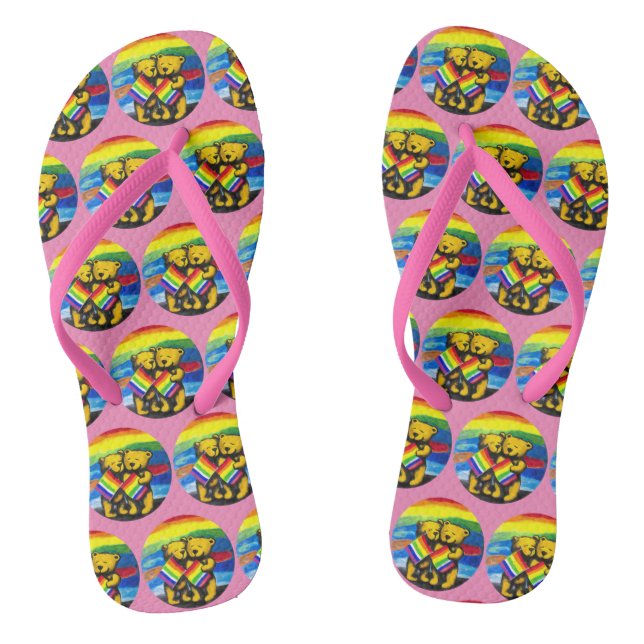 Bears Love Couple LGBT Rainbow Flag Flip Flops (Footbed)