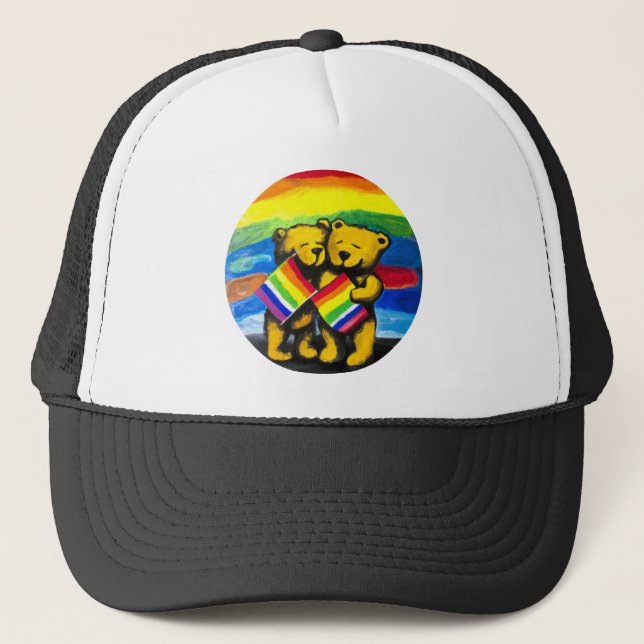 Bears Love Couple LGBT Rainbow Flag Trucker Hat (Front)