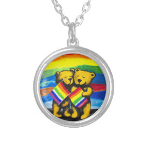 Bears Love Couple LGBT Rainbow Silver Plated Necklace