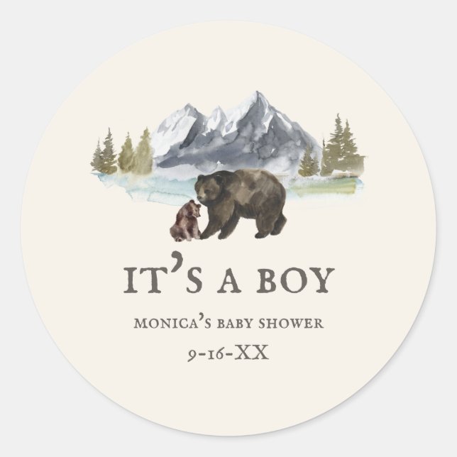 Bears Mountains Baby Shower Classic Round Sticker (Front)