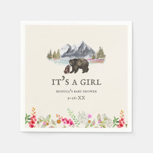 Bears Mountains Floral Girl Baby Shower Napkins