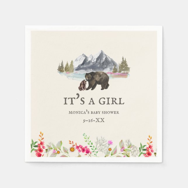 Bears Mountains Floral Girl Baby Shower Napkins (Front)