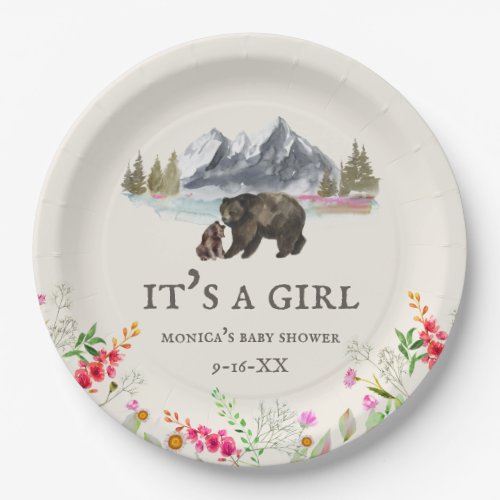 Bears Mountains Floral Girl Baby Shower Paper Plates