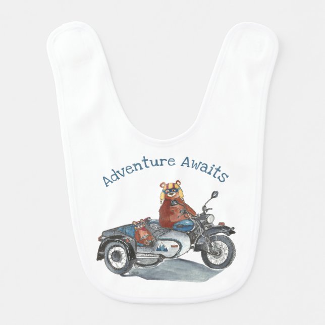 Bears on Motorcycle with Sidecar Adventure Baby Bib (Front)