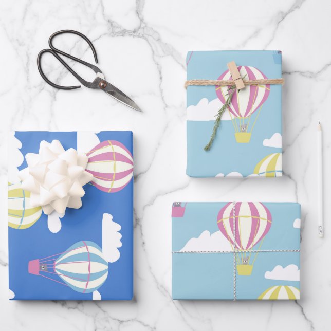 Bears & Rabbit Hot Air Balloon Day Out Wrapping Paper Sheets (Front)