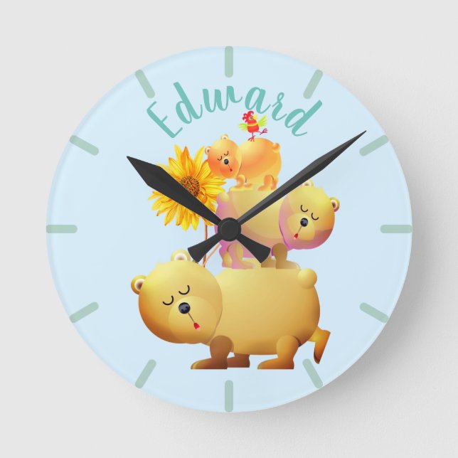 Bears, Rooster & Sunflower Tower Round Clock (Front)