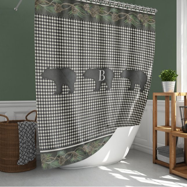 Bears Rustic Mountain Cabin Black White Pine Cones Shower Curtain (Creator Uploaded)
