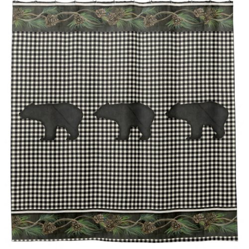 Bears Rustic Mountain Cabin Black White Pine Cones Shower Curtain