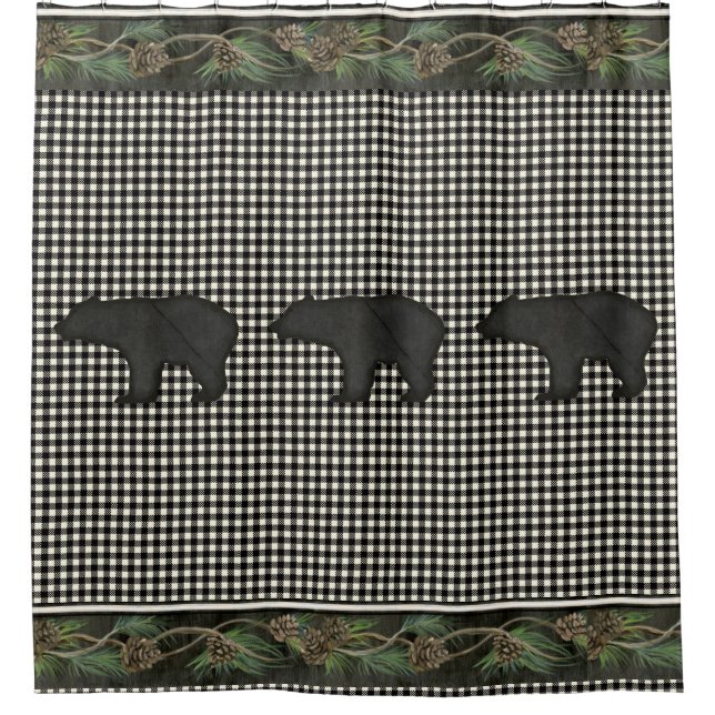 Bears Rustic Mountain Cabin Black White Pine Cones Shower Curtain (Front)