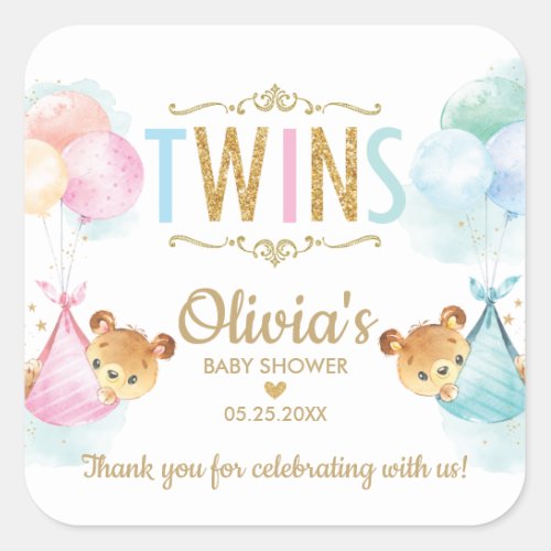 Bears Twin Boy Girl Baby Shower Thank You Favor Square Sticker