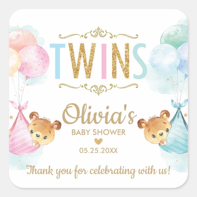 Bears Twin Boy Girl Baby Shower Thank You Favor Square Sticker (Front)
