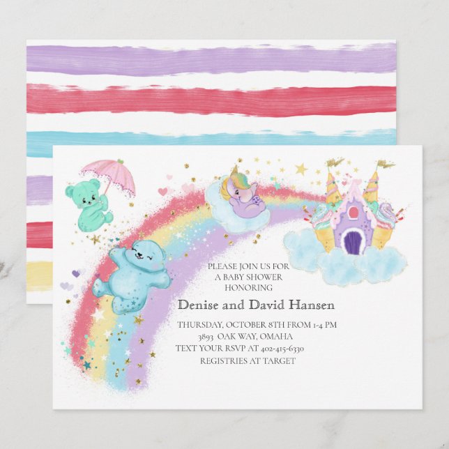 Bears , Unicorn and Rainbow Baby Shower Invitation (Front/Back)