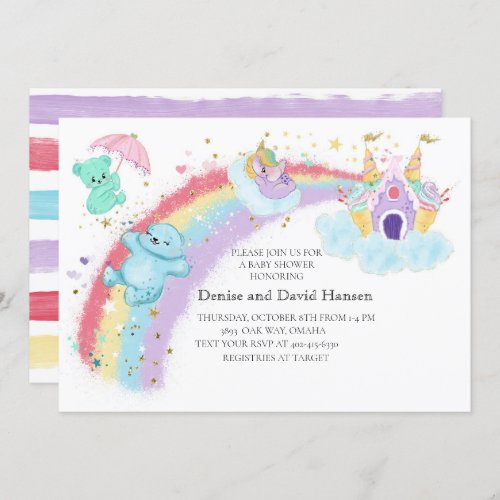 Bears  Unicorn and Rainbow Baby Shower Invitation