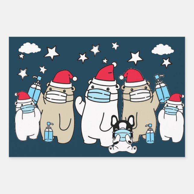 BEARS WEARING MASKS AND SANTA HATS WRAPPING PAPER (Front)