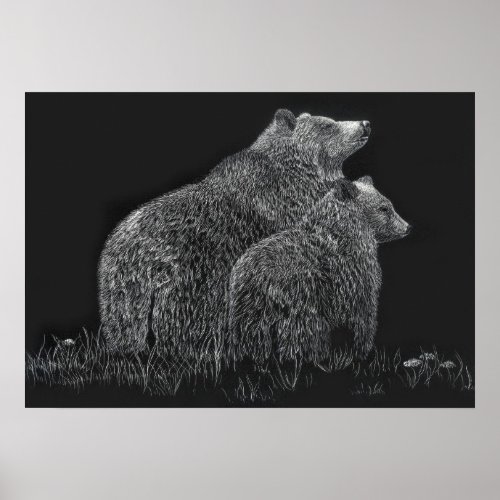 Bears Wildlife Nature Drawing Black White Poster
