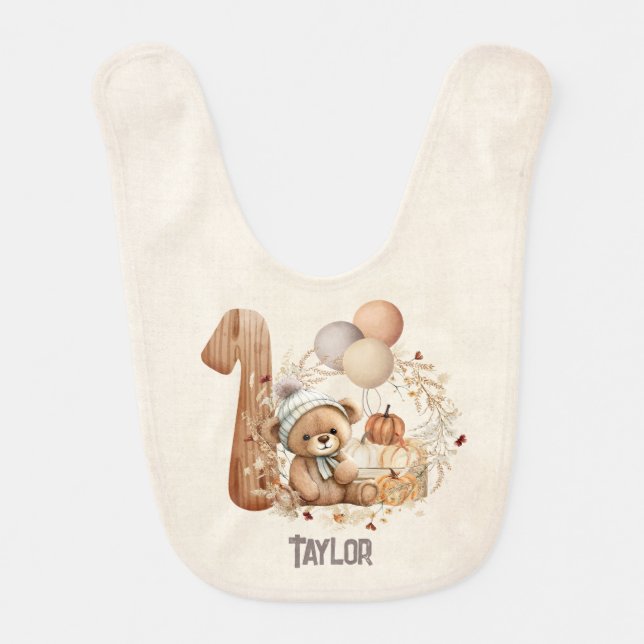 Beary 1st Birthday Baby Bear Fall Baby Bib (Front)