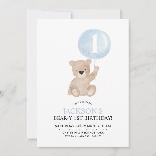 Beary 1st Birthday Bear Blue Balloon Invitation