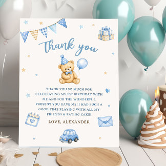 Beary 1st Birthday Bear Blue Balloon Thank You Card