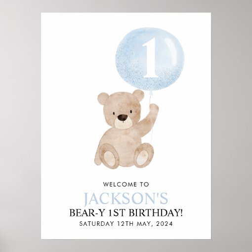 Beary 1st Birthday Bear Blue Balloon Welcome Sign | Zazzle