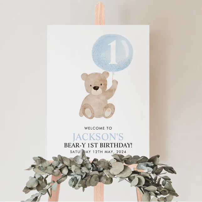 Beary 1st Birthday Bear Blue Balloon Welcome Sign | Zazzle