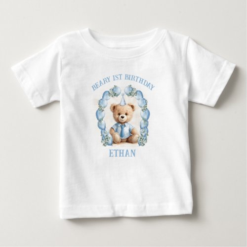 Beary 1st Birthday Bear Blue Beige Baby T_shirt