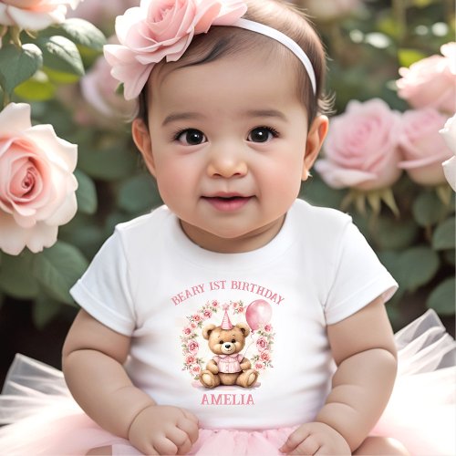 Beary 1st Birthday Bear Girl Pink Baby T_shirt