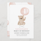 Beary 1st Birthday Bear Pink Balloon Invitation (Front/Back)