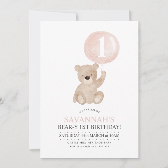 Beary 1st Birthday Bear Pink Balloon Invitation (Front)