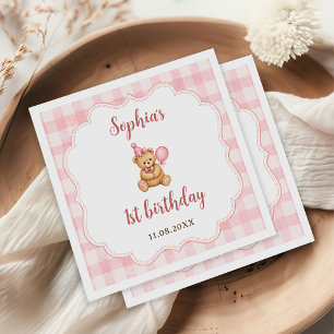 Beary 1st Birthday Bear Pink Balloon Napkins