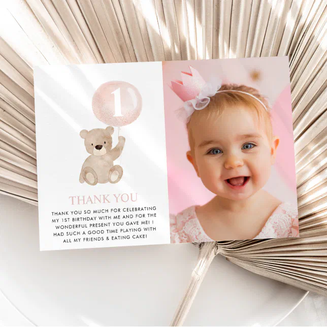 Beary 1st Birthday Bear Pink Balloon Photo Flat Thank You Card | Zazzle